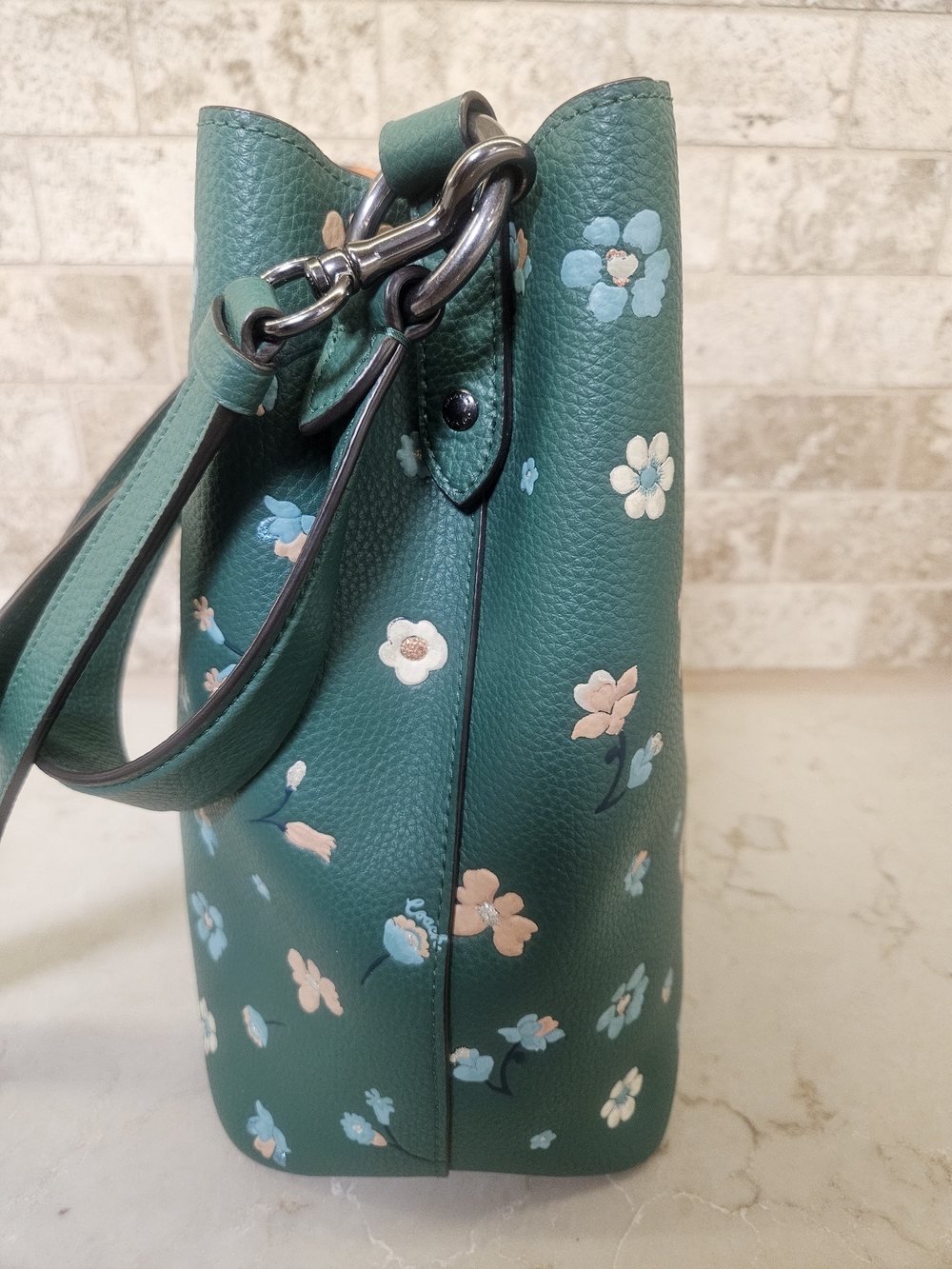 Coach Green Floral Leather Town Bucket - Picture 5 of 10